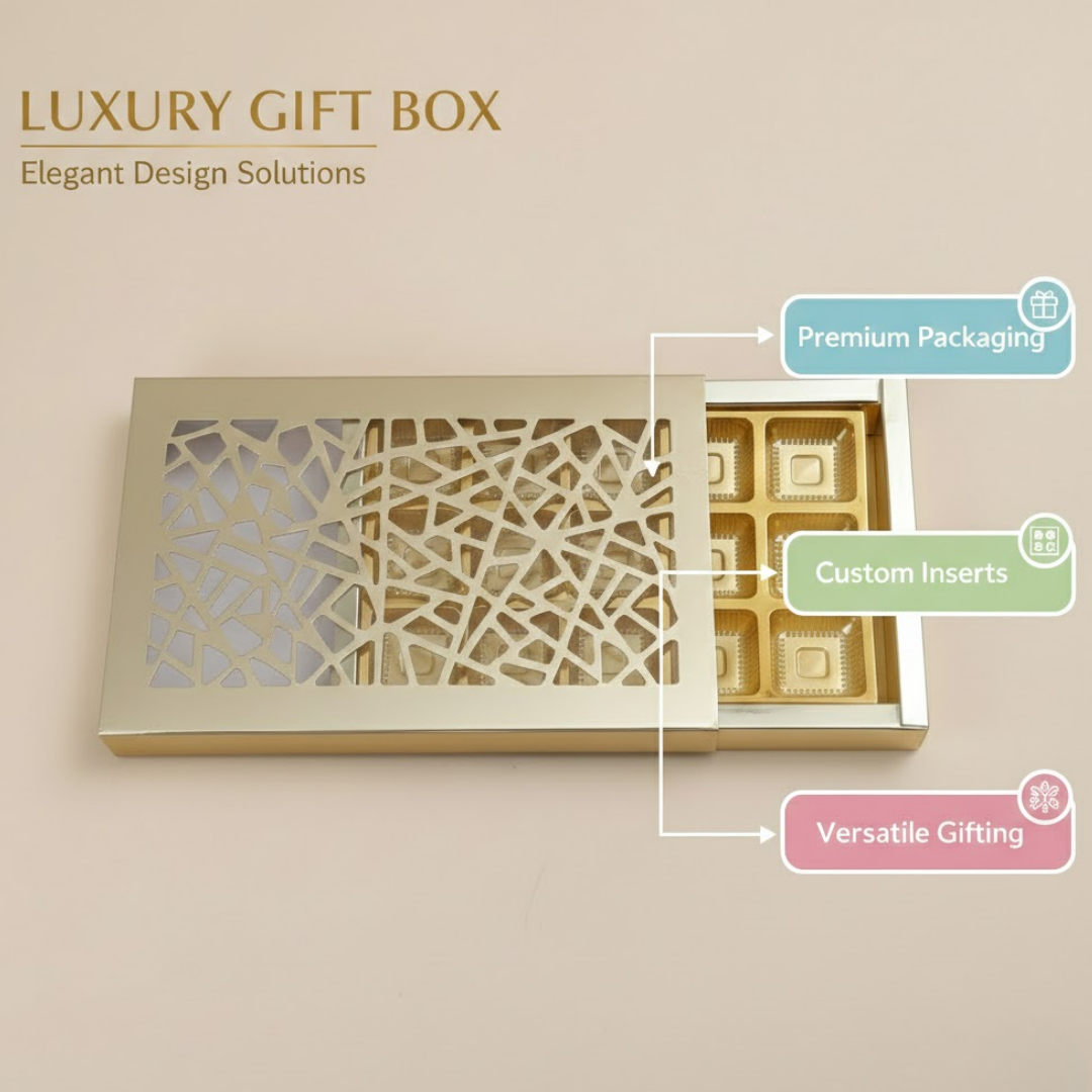 Premium Laser Cut Sliding Chocolate Gift Box with Gold Tray | 15 Cavity | Flexible Chocolate Box | Pack of 10