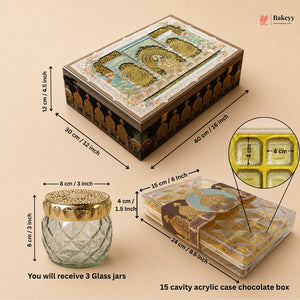 Royal Palace Theme MDF Gift Box with 3 Glass Jars & 15 Cavity Acrylic Chocolate Box | Pack of 1