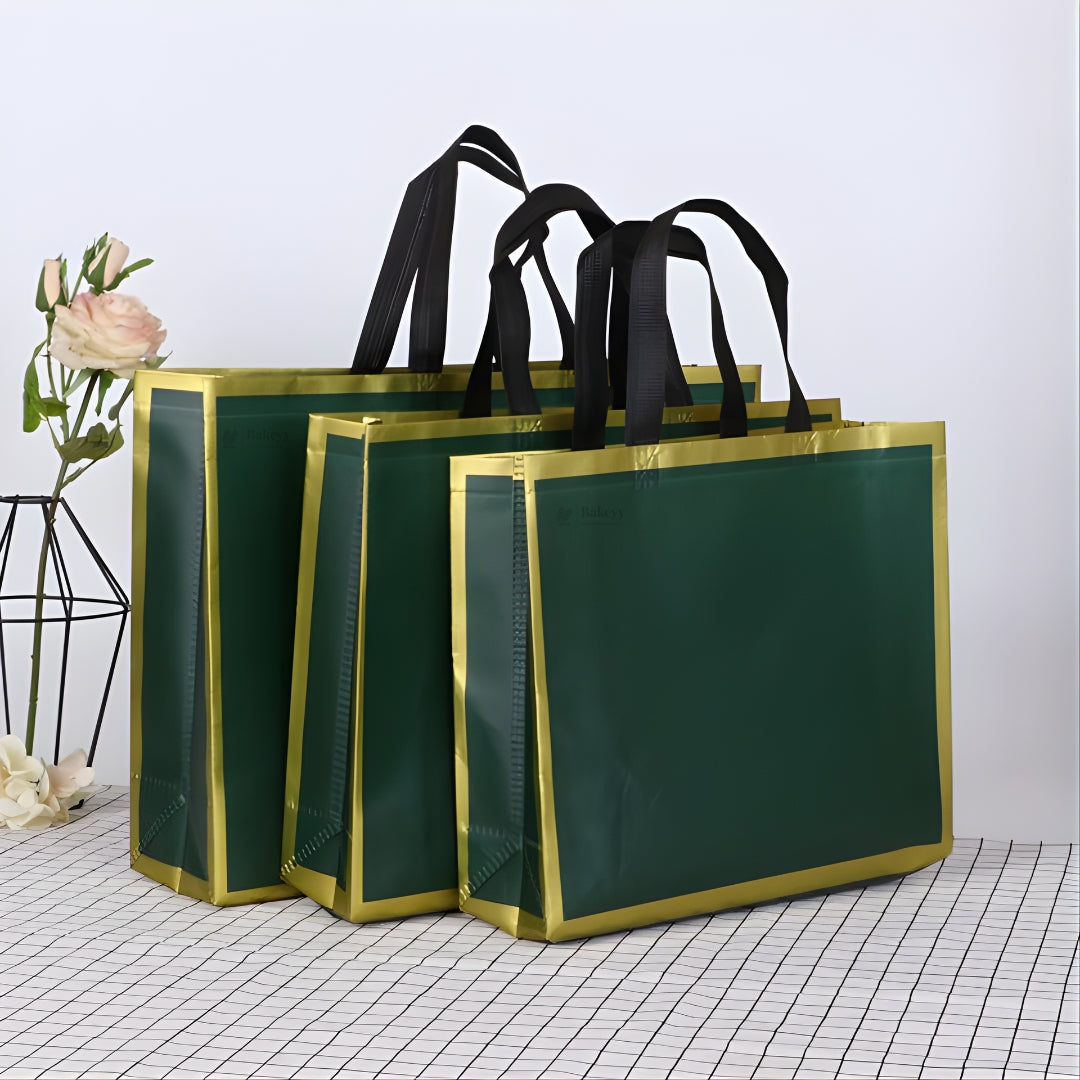 Premium Matte Green with Gold Border Carry Bag | 3 Size Options Available | Pack of 50