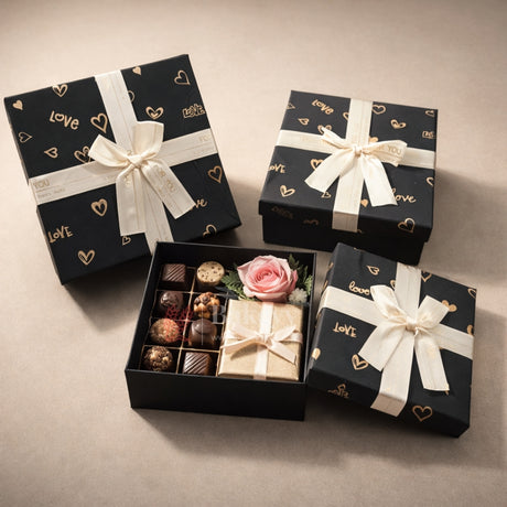 Premium Rigid Gift Box with Satin Ribbon | Black Love Print Hamper Box for Chocolates & Gifting | 3 Sizes Available | pack of 1