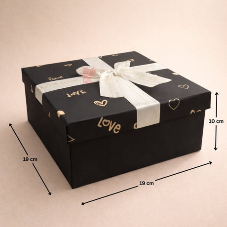 Premium Rigid Gift Box with Satin Ribbon | Black Love Print Hamper Box for Chocolates & Gifting | 3 Sizes Available | pack of 1