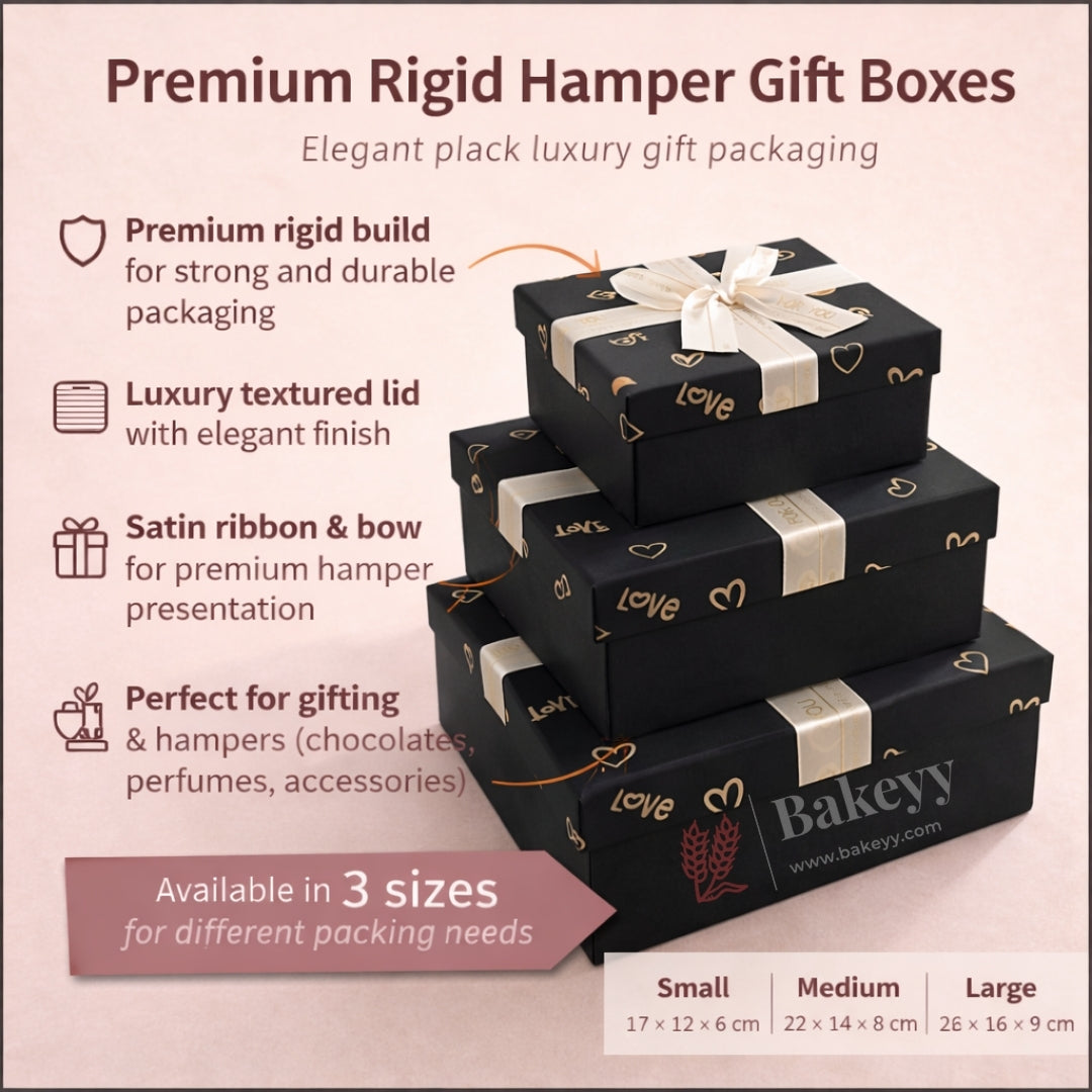 Premium Rigid Gift Box with Satin Ribbon | Black Love Print Hamper Box for Chocolates & Gifting | 3 Sizes Available | pack of 1