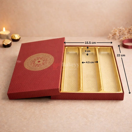 Premium rigid gift box with decorative lid
Gold tray partitions for neat arrangement
Suitable for chocolates, mithai, truffles, and dry fruits
Strong structure and premium finish
Perfect for festive and luxury gifting