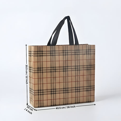 Premium Checkered Laminated Carry Bags | Beige & Tan Plaid 2 Design Design Option | 3 Size Options | Pack of 50
