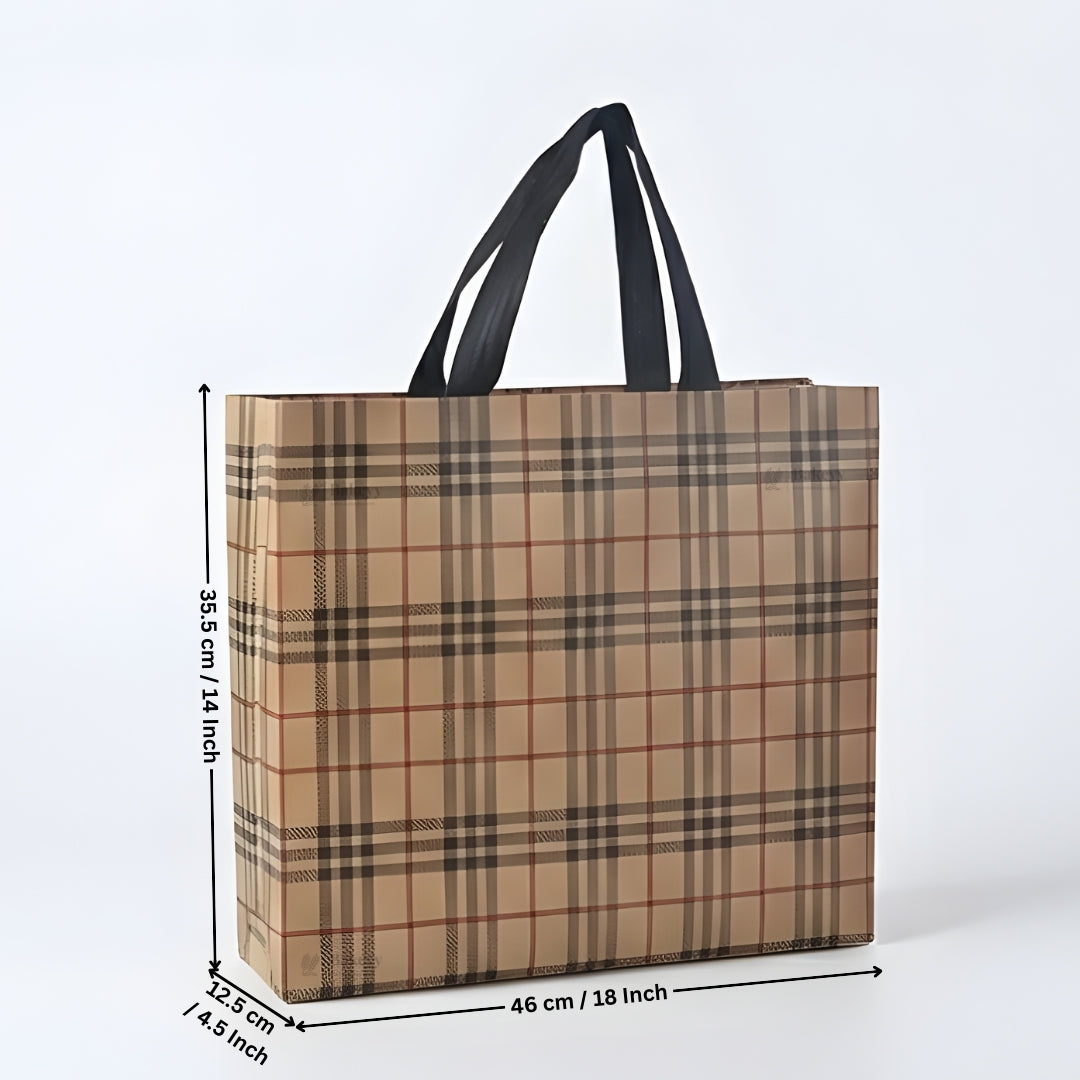 Premium Checkered Laminated Carry Bags | Beige & Tan Plaid 2 Design Design Option | 3 Size Options | Pack of 50