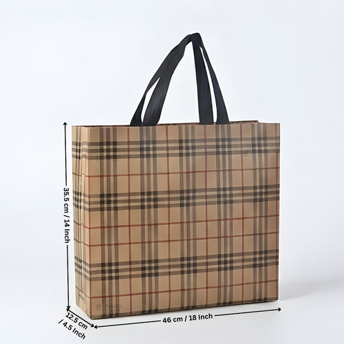 Premium Checkered Laminated Carry Bags | Beige & Tan Plaid 2 Design Design Option | 3 Size Options | Pack of 50