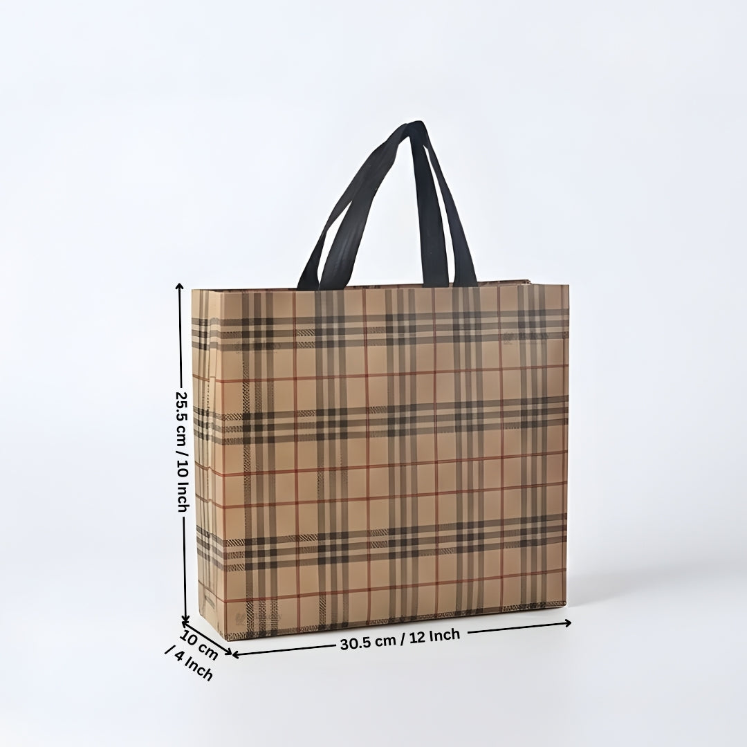 Premium Checkered Laminated Carry Bags | Beige & Tan Plaid 2 Design Design Option | 3 Size Options | Pack of 50