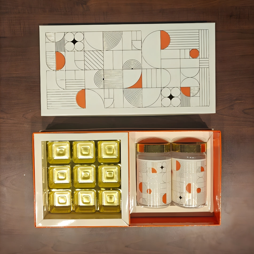 Premium Chocolate & Dry Fruit Hamper Gift Box with Glass Jars | Modern Geometric Design with Gold Embossed Lid | Pack of 1