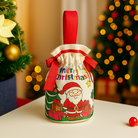 Decorative Christmas bag with Santa Claus design and 'Merry Christmas' text, set against a festive background.
