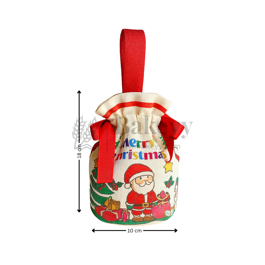 Christmas-themed decorative bag with Santa Claus design and red ribbon, shown with measurements on a white background.