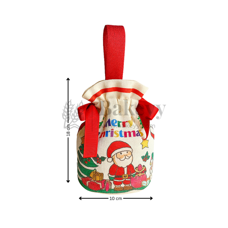 Christmas-themed decorative bag with Santa Claus design and red ribbon, shown with measurements on a white background.