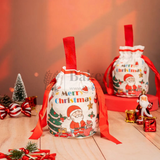 Two Christmas-themed gift bags with Santa Claus and 'Merry Christmas' text on a wooden surface.