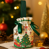 Decorative Christmas gift bag with festive designs on a blurred holiday background