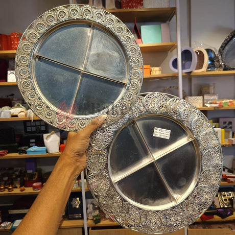 Premium Decorative Dry Fruit Serving Tray | 4-Partition Silver Finish | Pack of 1 - Bakeyy.com - India - Premium Decorative Dry Fruit Serving Tray | 4-Partition Silver Finish | Pack of 1 - Design 1 435.00
