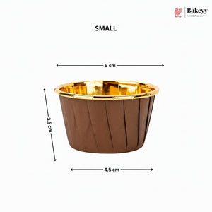 Brown cupcake liner with gold rim and measurements on a white background, featuring the Bakey brand.