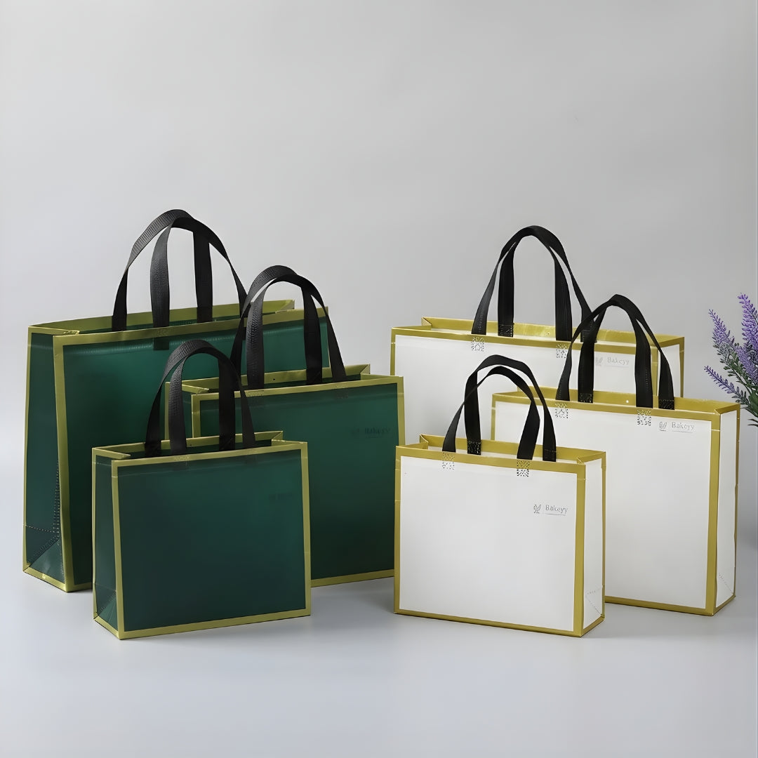 Premium Matte Carry Bag with Gold Border | White & Green Variants | 3 Size Options | Pack of 50
