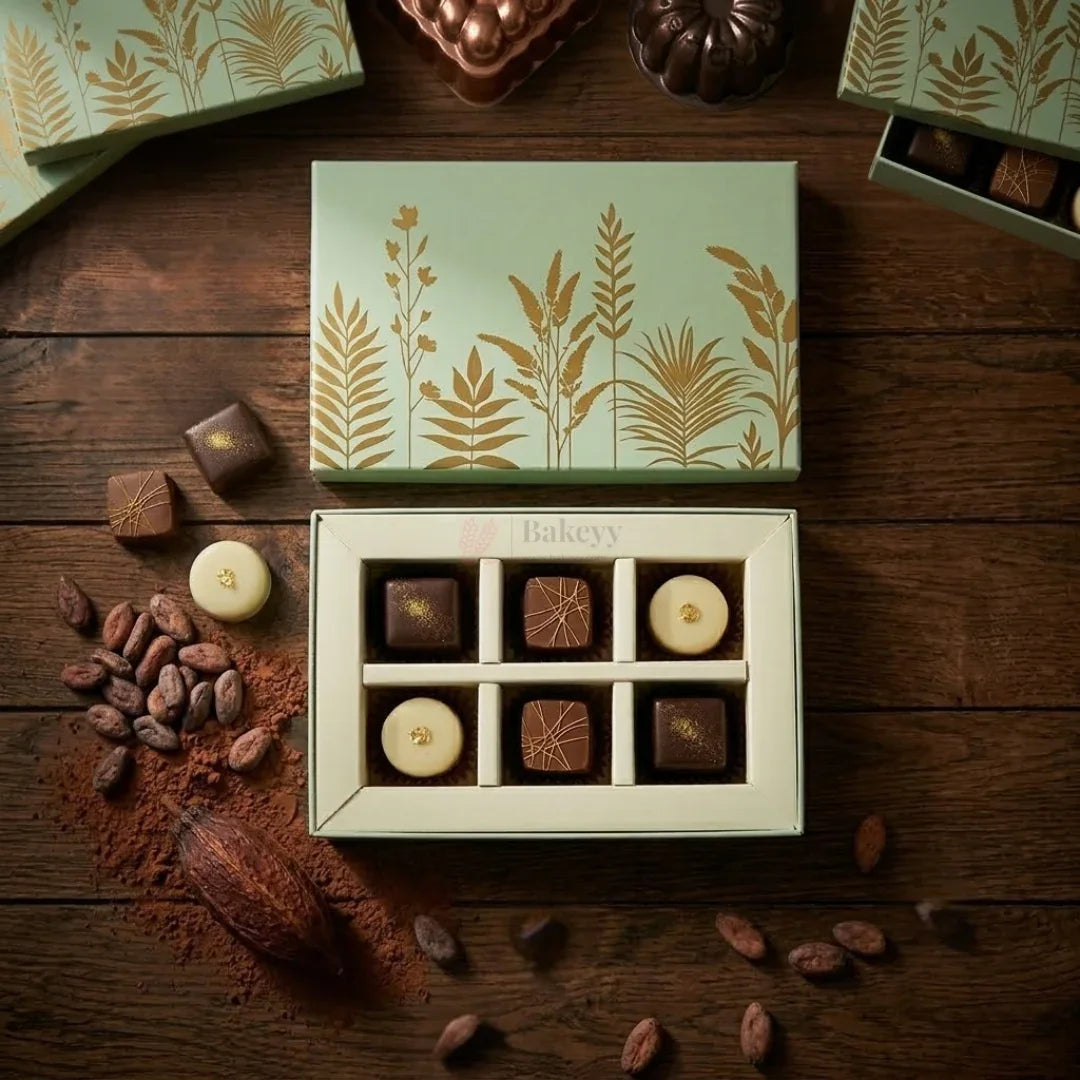 Premium_Mint_Green_Botanical_Chocolate_Gift_Box_with_6_Cavity_Insert - Bakeyy.com