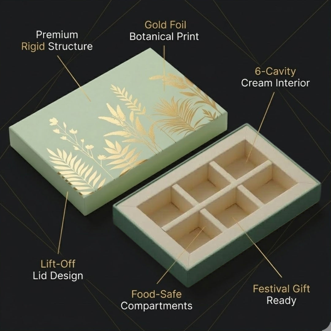 Premium Mint Green Botanical Chocolate Gift Box with 6 Cavity Insert | Pack of 1