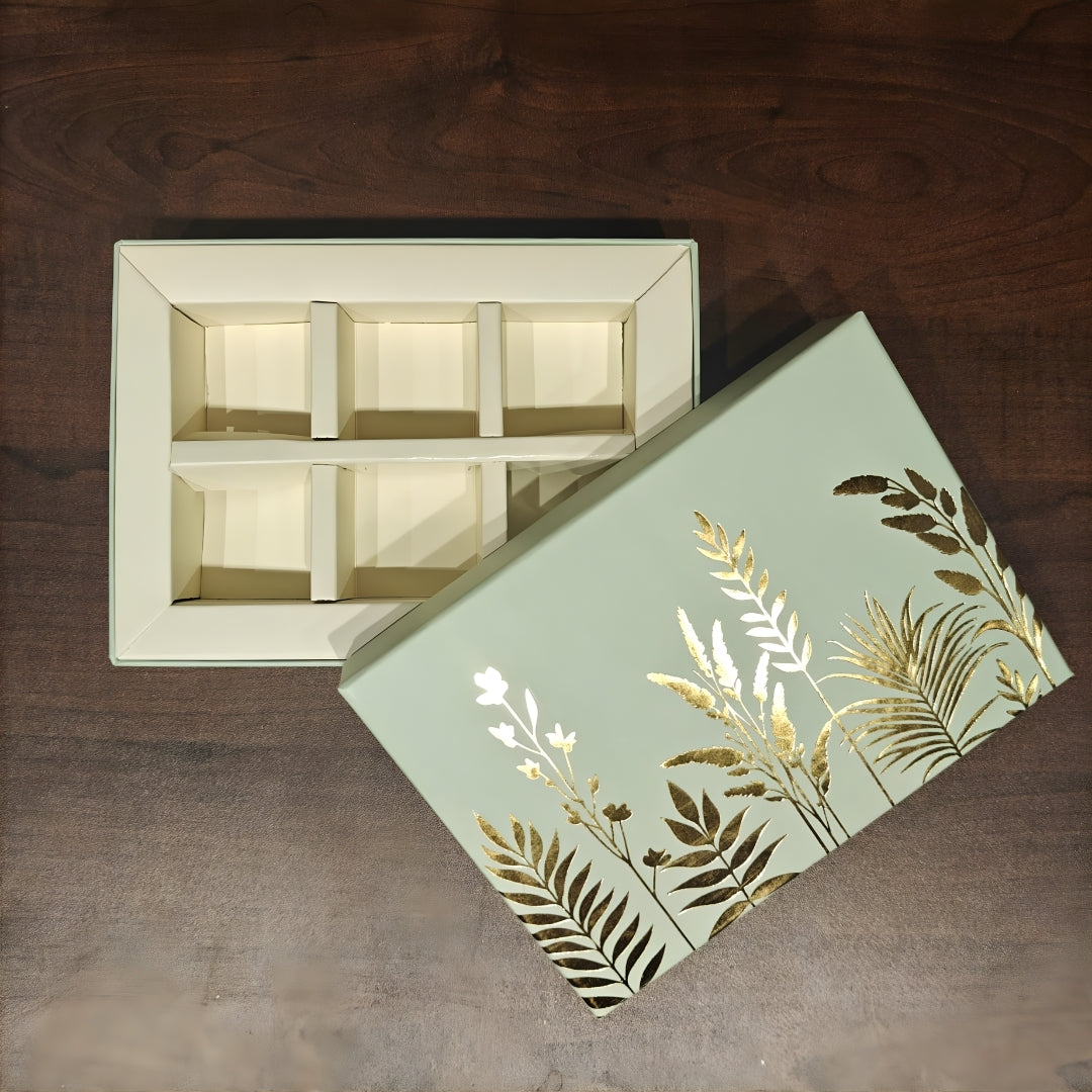 Premium Mint Green Botanical Chocolate Gift Box with 6 Cavity Insert | Pack of 1