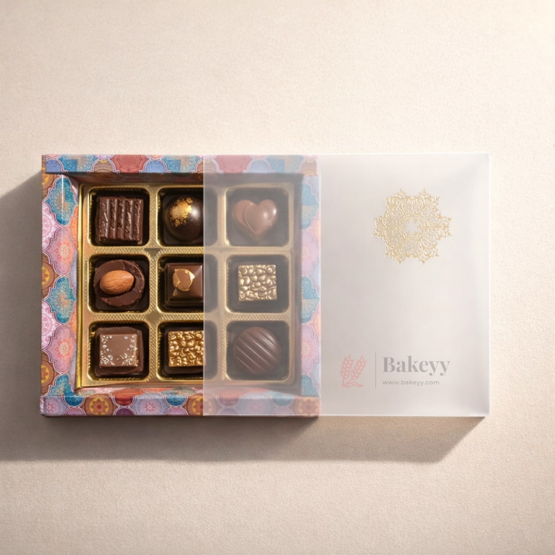 Premium Printed Chocolate Box with Sliding Frosted Sleeve | 9 Cavity Gold Tray | Pack of 10