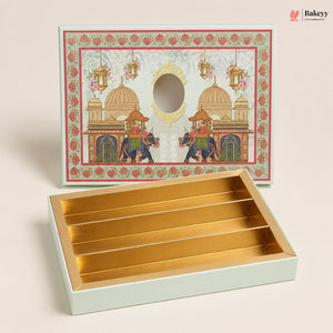 An elegant rectangular gift box set from Bakeey, featuring a lid with a detailed traditional Indian illustration of elephants and domes, and an open box with a gold interior and five compartments.