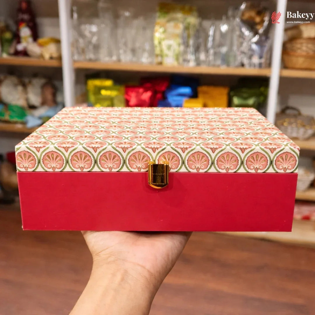 Premium_Rectangle_hamper_Box_Red_Floral_Royal_Finish_Gold_Details_2 - Bakeyy.com