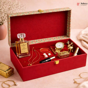 Premium_Rectangle_hamper_Box_Red_Floral_Royal_Finish_Gold_Details_3 - Bakeyy.com