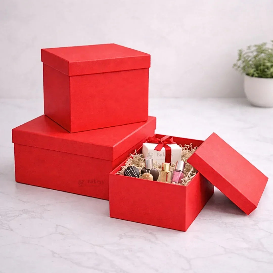 Premium Rigid Square Red Gift Box with Lid | Luxury Packaging Box for Hampers, Cakes & Gifting | Available in 3 Sizes | Pack of 1 - Bakeyy.com - India - Premium Rigid Square Red Gift Box with Lid | Luxury Packaging Box for Hampers, Cakes & Gifting | Available in 3 Sizes | Pack of 1 - Small 130.00
