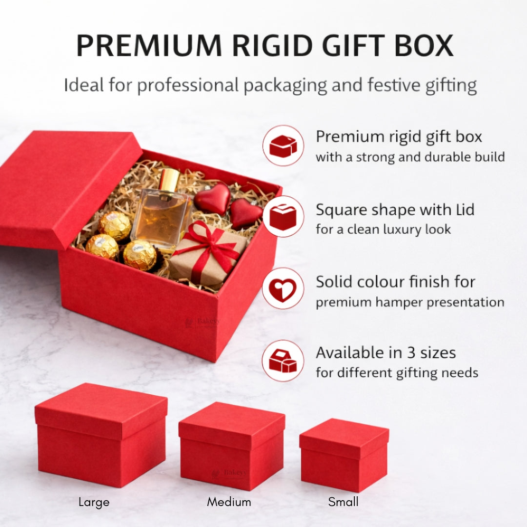 Premium Rigid Square Red Gift Box with Lid | Luxury Packaging Box for Hampers, Cakes & Gifting | Available in 3 Sizes | Pack of 1