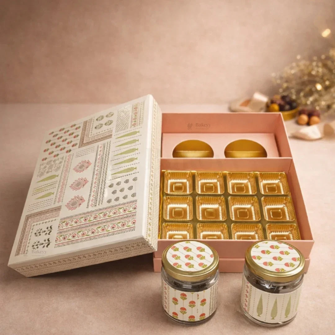 Premium Rigid Sweet | Chocolate Hamper Gift Box | 12 Cavity Gold Tray + 2 Glass Jar Slot | Pack of 1