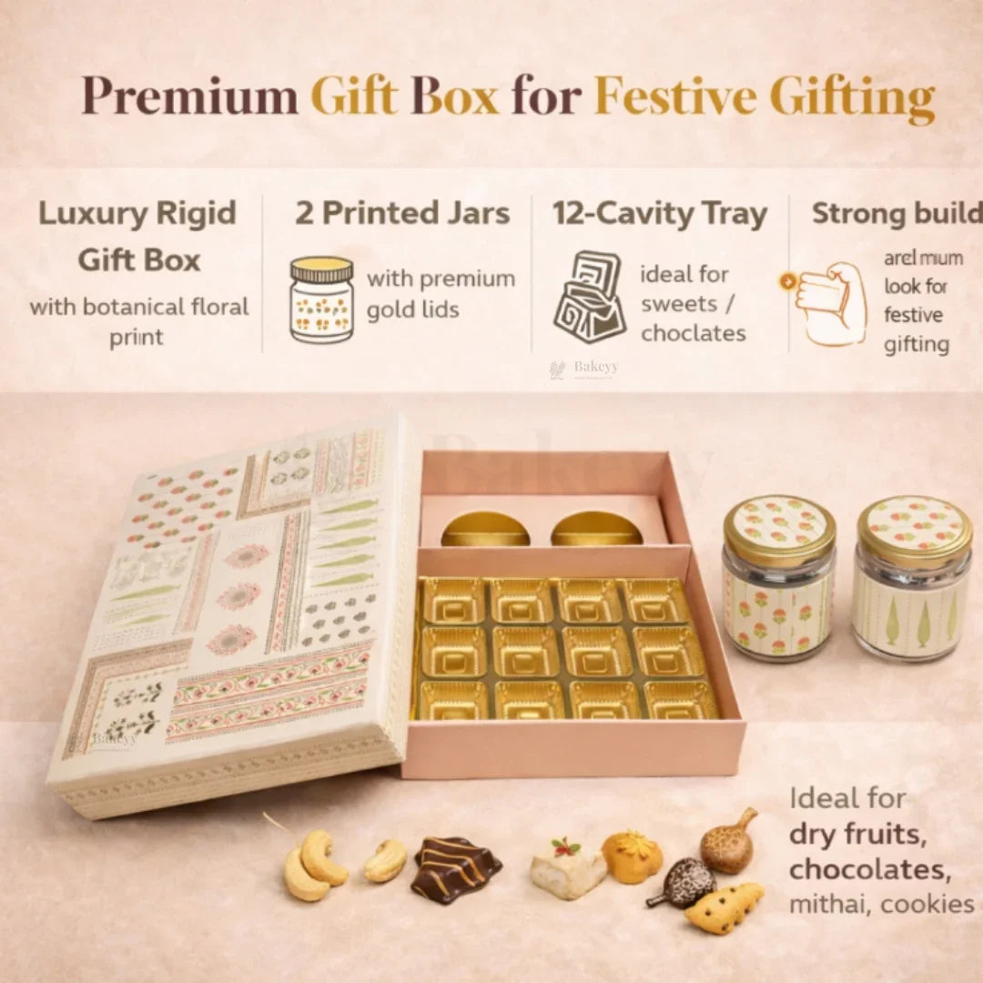 Premium Rigid Sweet | Chocolate Hamper Gift Box | 12 Cavity Gold Tray + 2 Glass Jar Slot | Pack of 1