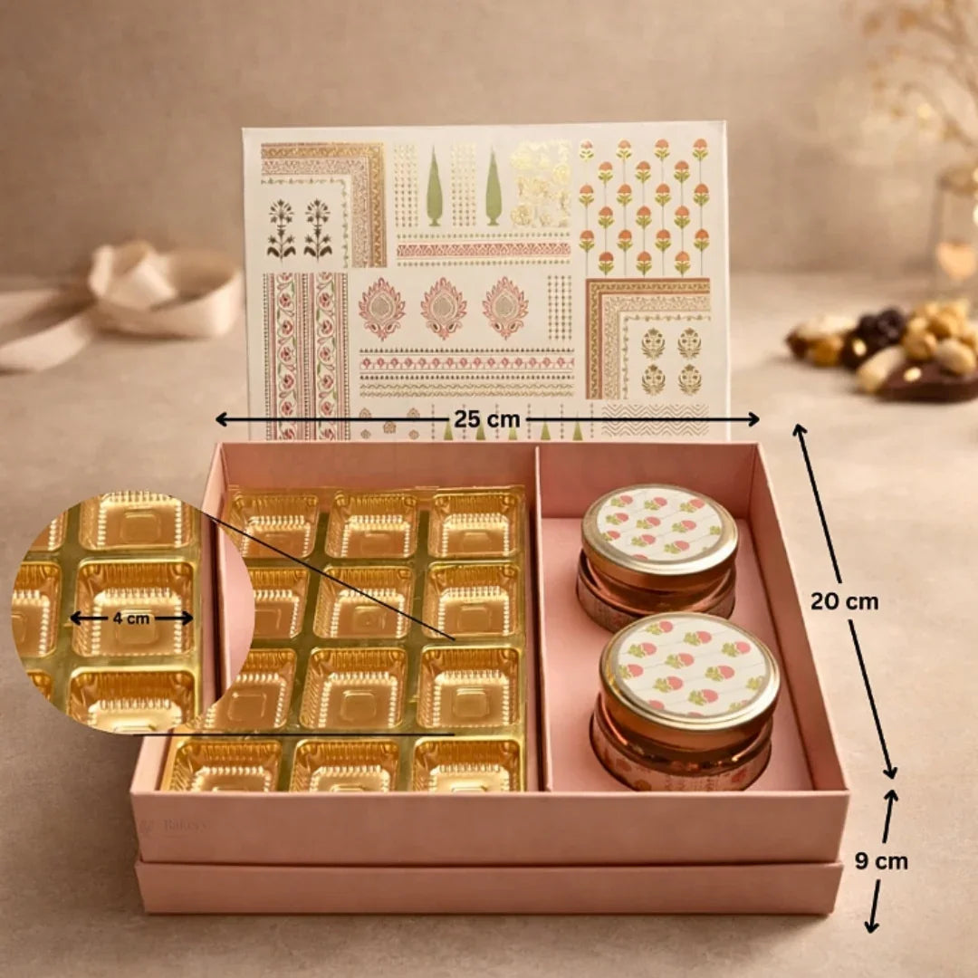 Premium Rigid Sweet | Chocolate Hamper Gift Box | 12 Cavity Gold Tray + 2 Glass Jar Slot | Pack of 1