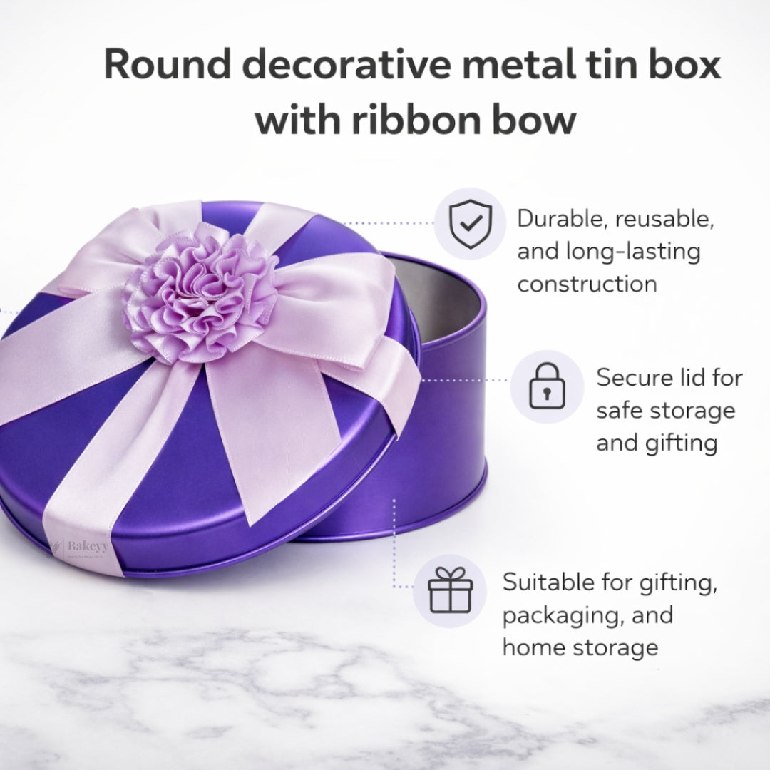 Premium Round Tin Box with Ribbon | Color Options Available | Matte Finish | Multiple Color Options | Pack of 1