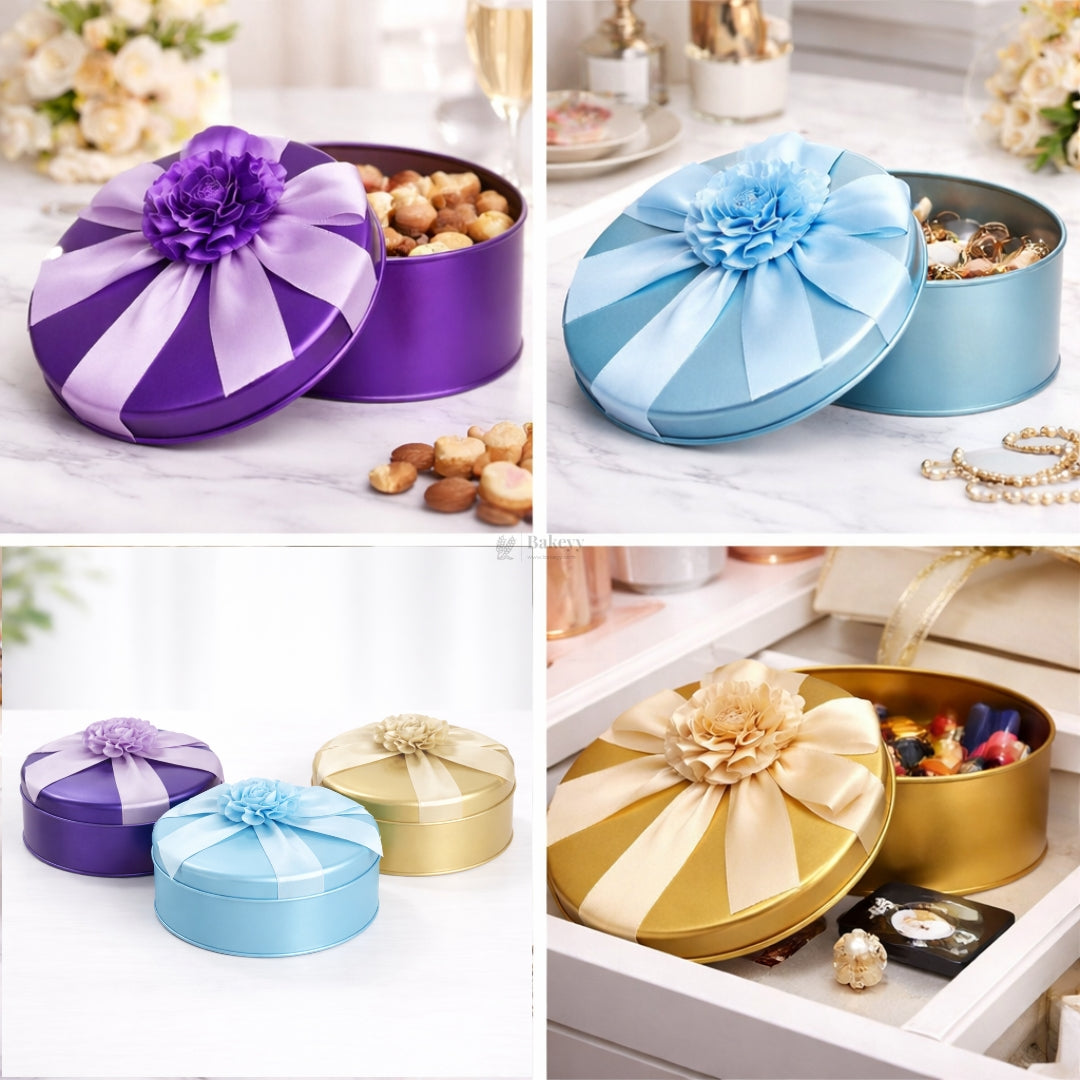 Premium Round Tin Box with Ribbon | Color Options Available | Matte Finish | Multiple Color Options | Pack of 1
