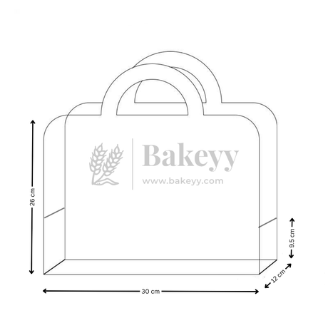 Outline of a paper bag with 'Bakeyy' branding and dimensions on a white background