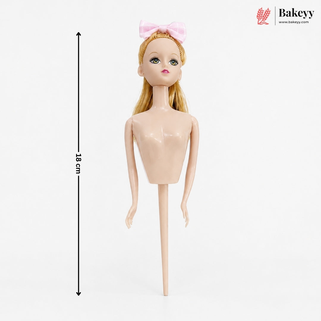 Mannequin with blonde hair and a pink bow, labeled with dimensions and the brand 'Bakeyy'.