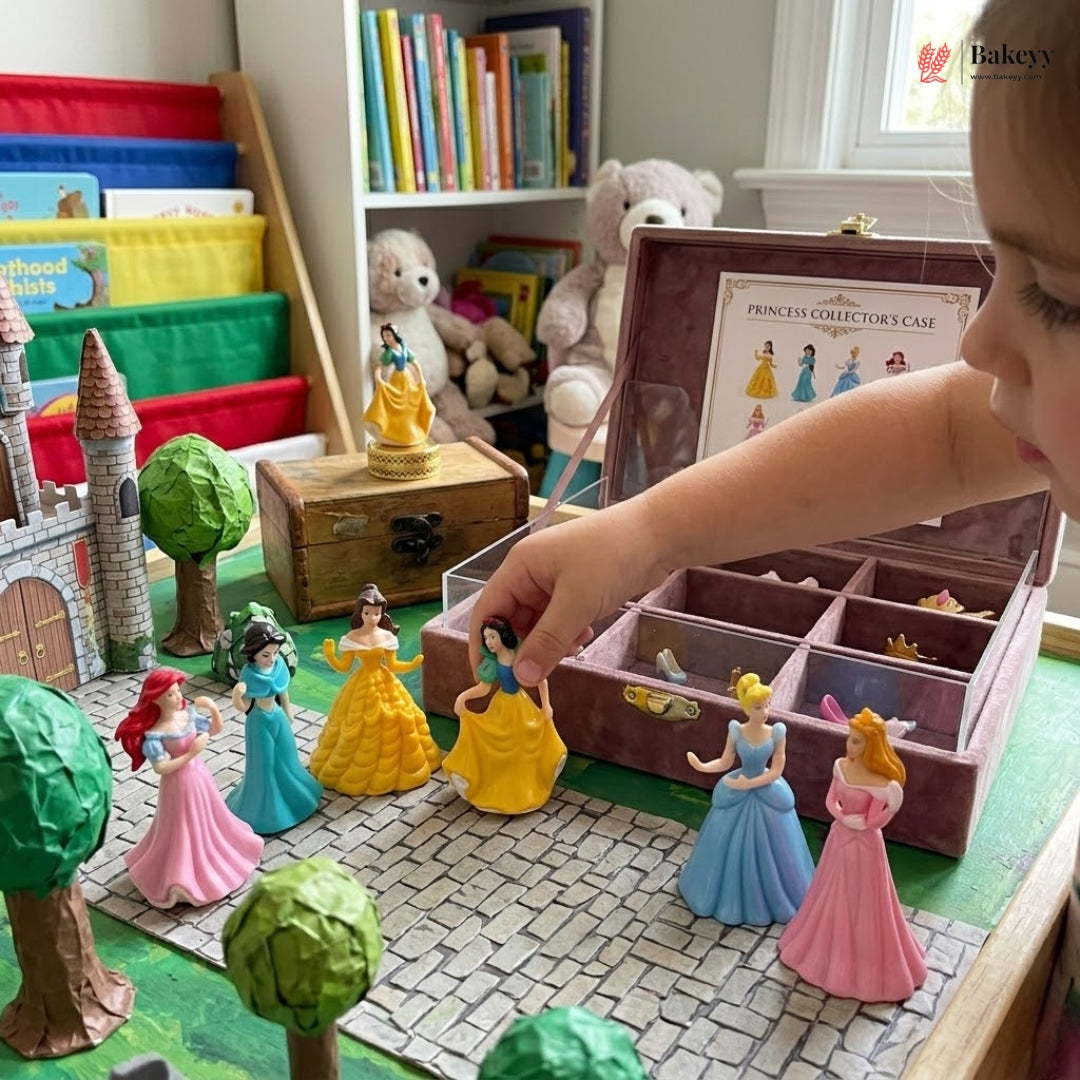 Child playing with princess figurines and a toy castle in a room filled with books and toys.