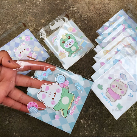 Printed Cellophane Pouch | Cute Cartoon Character Checkered Design | Pack of 100
