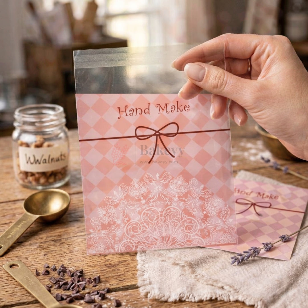 Printed Cellophane Pouch Orange Checkered Hand Made Floral Design | Pack of 100