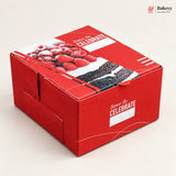 A red bakery gift box with a printed photo of strawberries and cake slices on the lid, featuring the text 'time to CELEBRATE' and a Bakeyy logo in the top right corner.