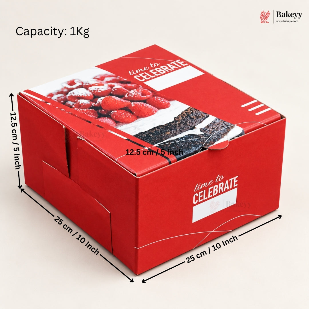 A red cardboard bakery box with printed food photos and dimensions shown on a light beige background. Black measurement arrows and text indicate capacity 1Kg and box measurements of 25 cm x 25 cm x 12.