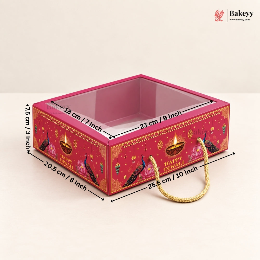 A red and gold decorated rectangular cake box with a clear window on top and two gold handles, shown with dimension labels on a light beige background. The Bakeey logo appears in the top right corner.
