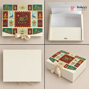 A four-panel product presentation of a decorative rectangular gift box. The top-left panel shows the front cover with an ornate multicolor patchwork design featuring peacocks, elephants, and floral motifs, tied with a cream satin ribbon.