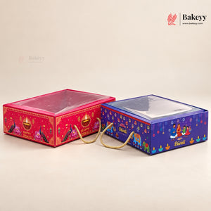 Printed Diwali Hamper Box with Transparent Lid & Handle | 2 Designs | Pack of 10