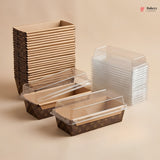 Stacks of brown cardboard boxes and clear plastic containers on a beige background, with 'Bakey' branding.
