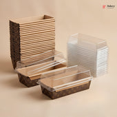 Stacks of brown cardboard boxes and clear plastic containers on a beige background, with 'Bakey' branding.