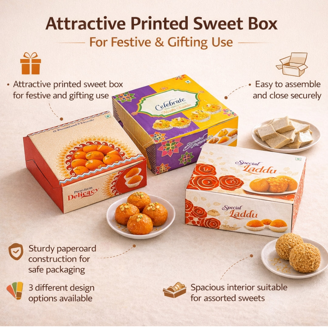 Printed Sweet Box | Decorative Mithai Packaging Box | 3 Designs Available | Pack of