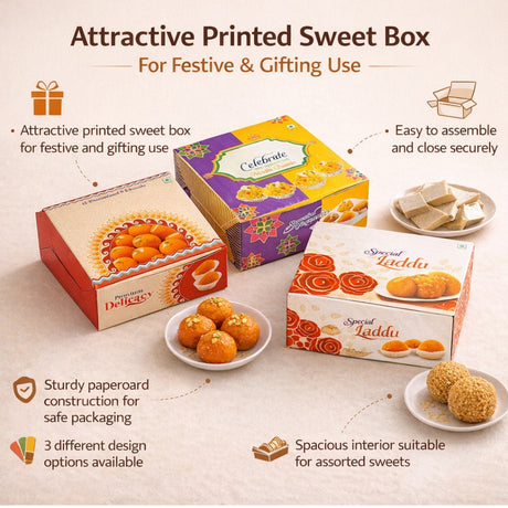 Printed Sweet Box | Decorative Mithai Packaging Box | 3 Designs Available | Pack of