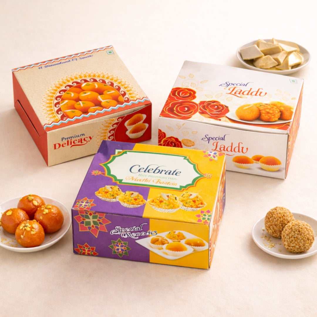 Printed Sweet Box | Decorative Mithai Packaging Box | 3 Designs Available | Pack of