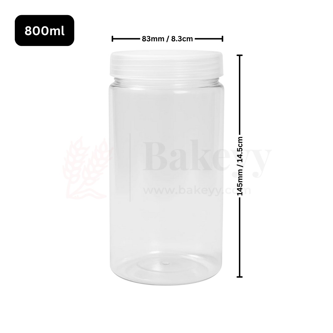 83mm | 800ml Round PET Jar | Transparent Storage Jar with Clear Transparent Cap | Pack of 10